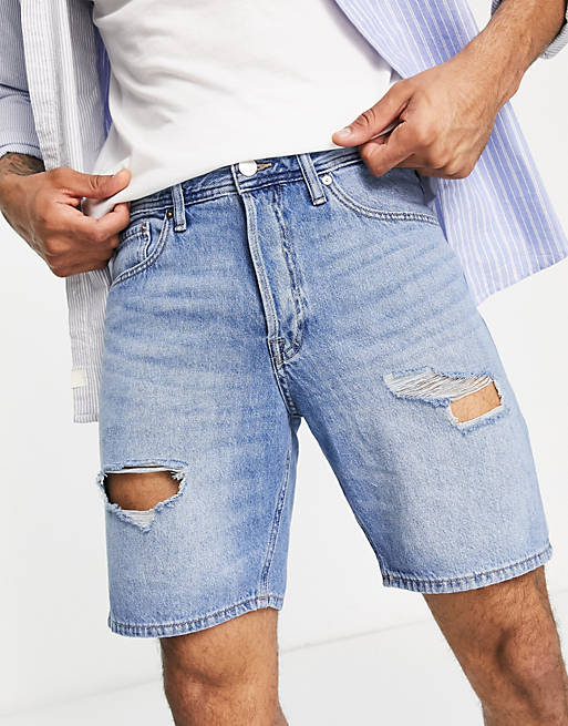 Jack & Jones Intelligence loose fit denim shorts with rips in light blue |  ASOS