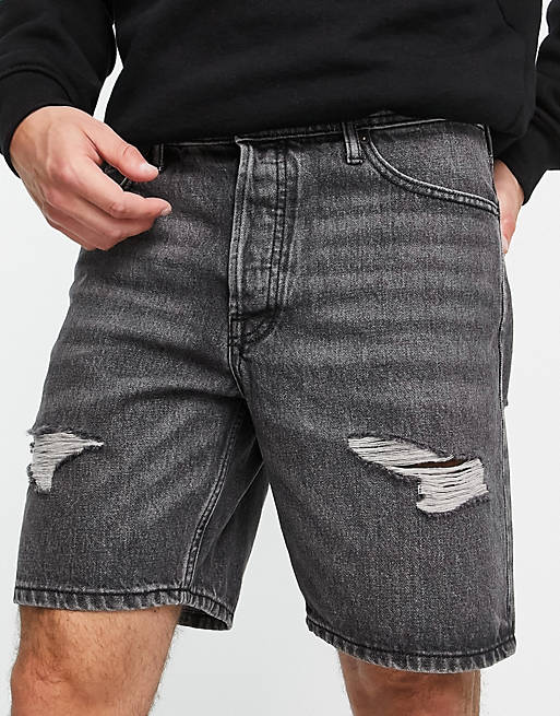 Jack & Jones Intelligence loose fit denim shorts with rips in washed black