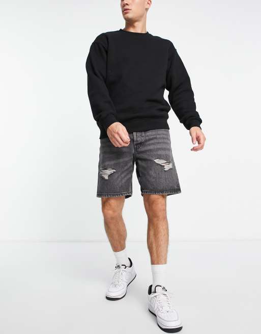 Jack Jones Intelligence loose fit denim shorts with rips in