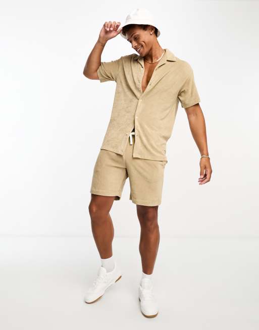 Jack & Jones Intelligence loose fit towelling shorts in beige (part of a set)