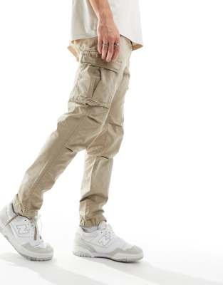 Jack & Jones Intelligence loose fit washed cargo pants in beige-Neutral