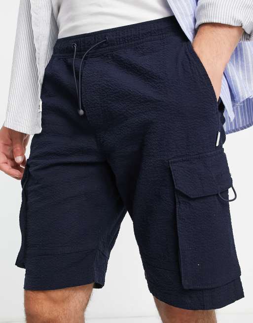 Jack & Jones Intelligence – Marinblå cargoshorts i kräpp 