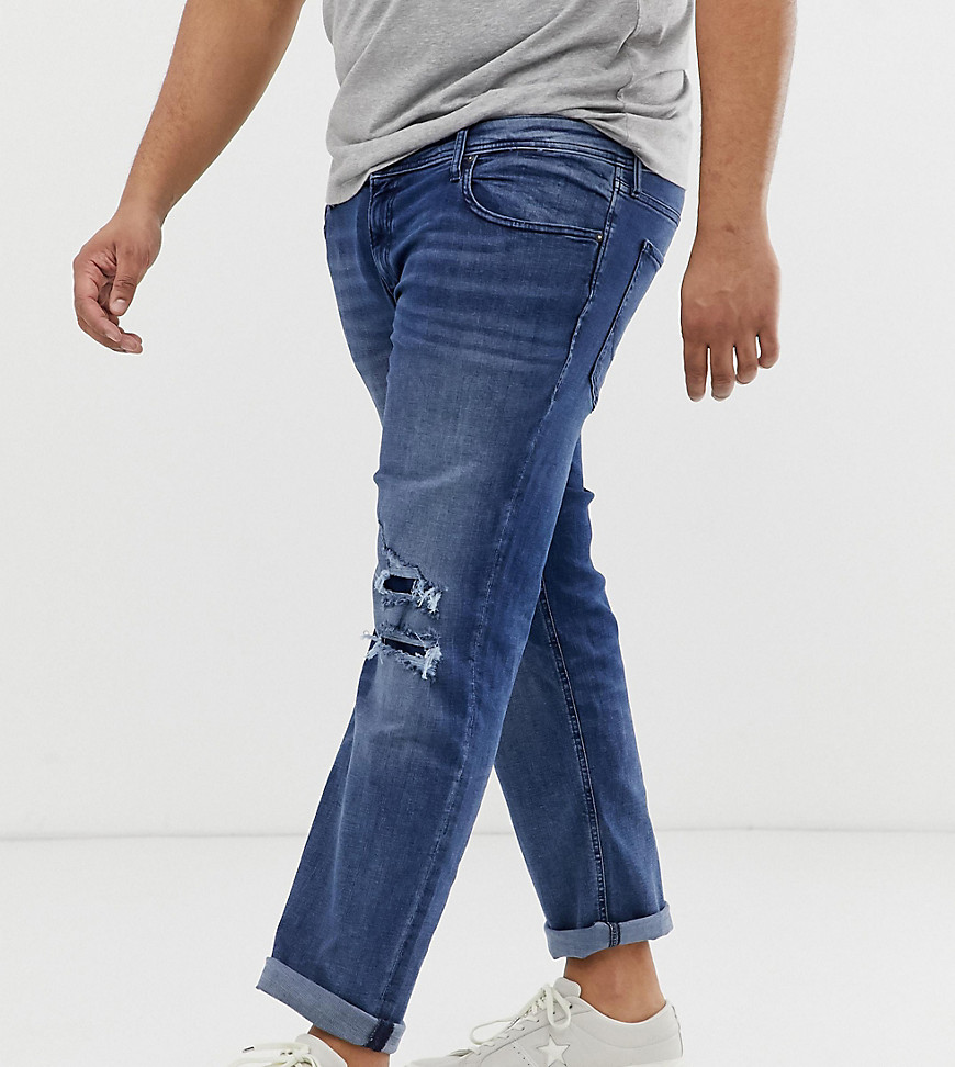 Jack & Jones – Intelligence – Mellanblå straight jeans med revor på knäna