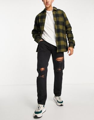 Jack & Jones Intelligence Mike straight jeans with rips in black - ASOS Price Checker