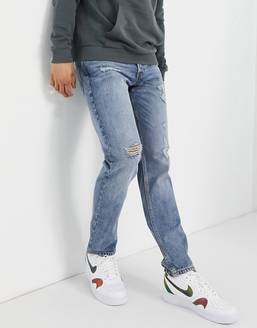 Jack & Jones Intelligence Mike straight jeans with rips in light blue-Blues