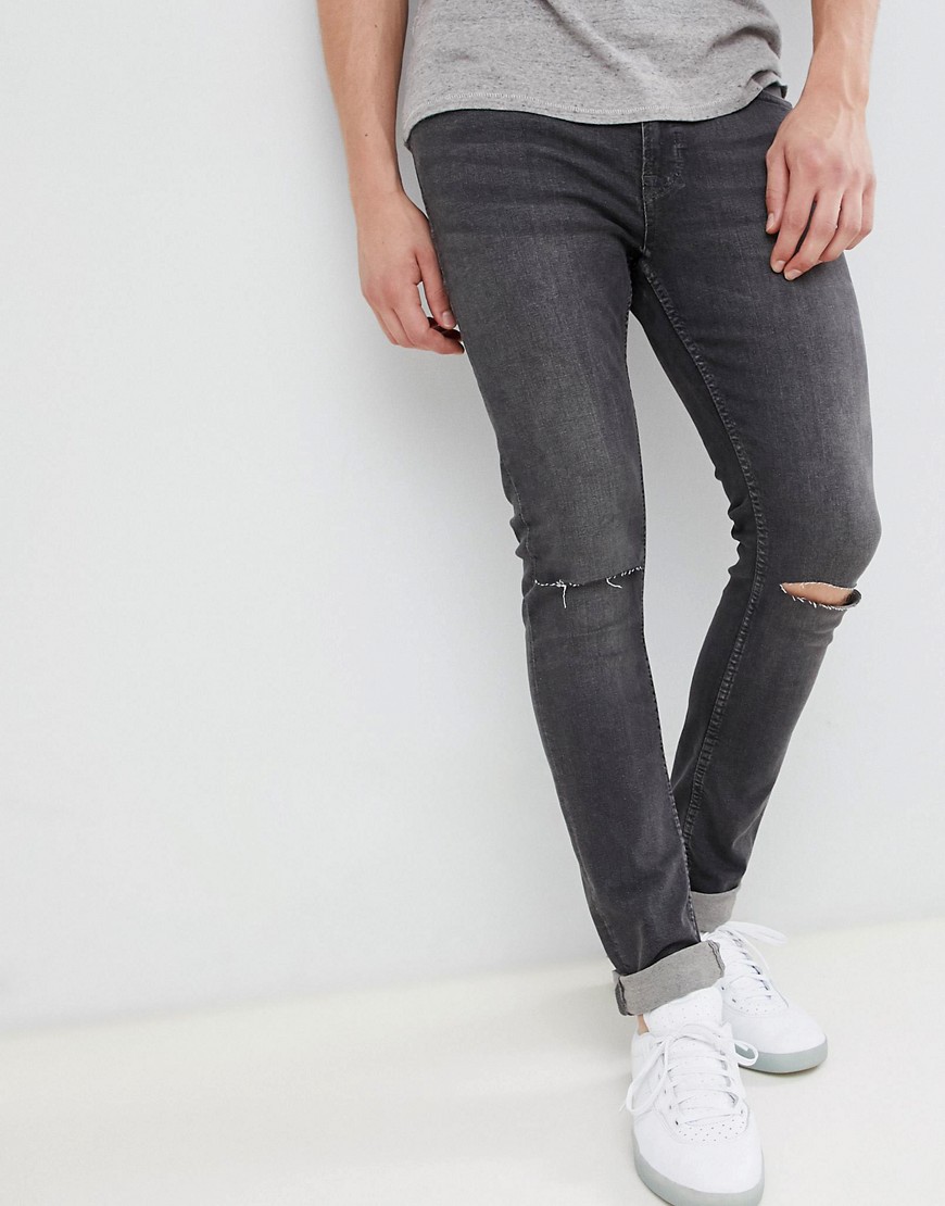 Jack & Jones Intelligence – Mörkgrå skinny jeans med revor på knäna