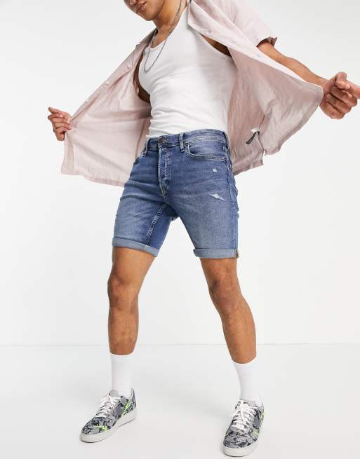 Jack & Jones Intelligence – Niebieskie dopasowane szorty jeansowe z przetarciami