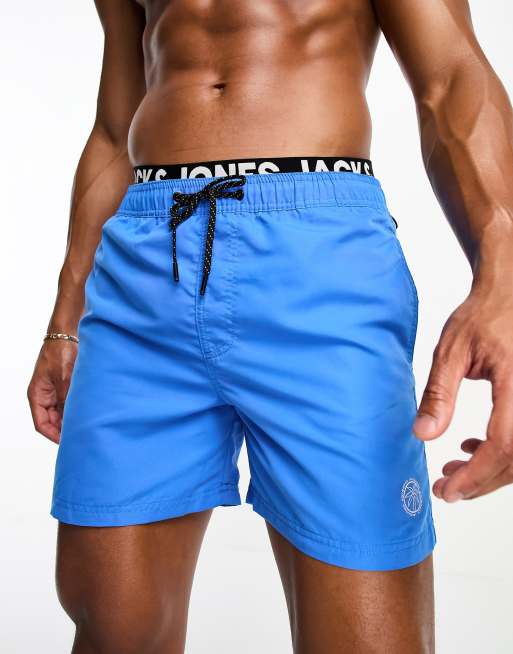 Jack & Jones Intelligence - Pantaloncini da bagno blu con vita con doppio elastico 