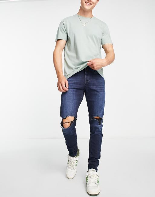 Jack & Jones Intelligence Pete skinny carrot jeans with knee rips in blue black wash 