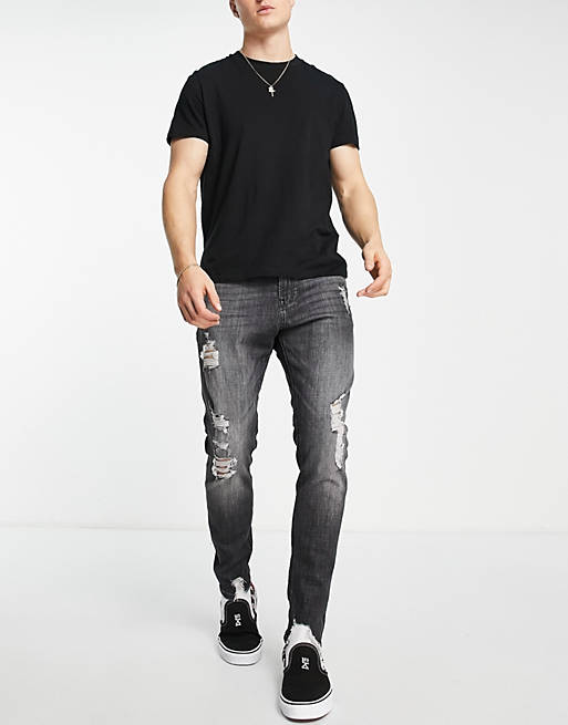 Jack & Jones Intelligence - Pete - Smaltoelopende jeans met scheuren in zwart