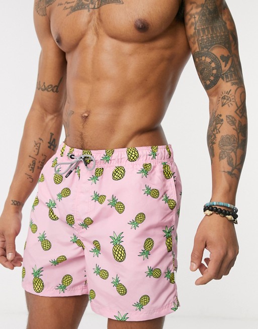 Jack & Jones Intelligence recycled polyester pineapple print swim shorts in pink