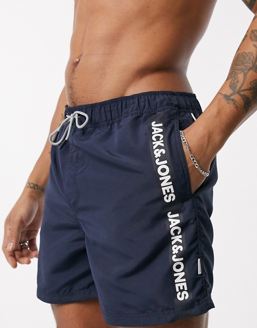 Jack & Jones Intelligence recycled polyester swim shorts with side taping in navy