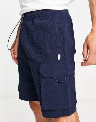 Jack & Jones Intelligence Seersucker Cargo Short In Navy