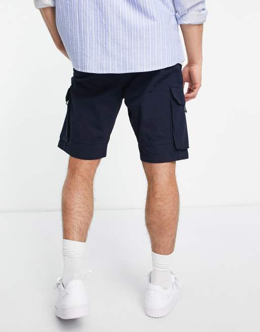 Jack & Jones Intelligence seersucker cargo shorts in navy , 2 of 4