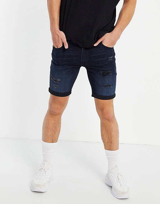 Jack & Jones Intelligence skinny denim shorts with rips in blue/black
