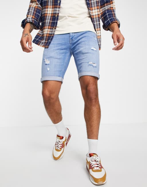 Jack Jones Intelligence skinny denim shorts with rips in light