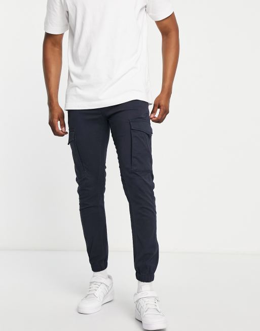 Jack & Jones Intelligence slim fit cargos with cuff in navy | ASOS