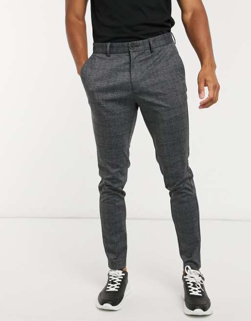 Jack Jones Intelligence slim fit jersey pants in dark gray check