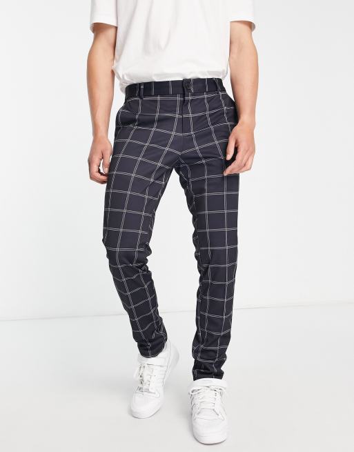 Jack & Jones Intelligence slim fit jersey pants in navy plaid ASOS