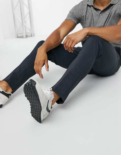 Jack & Jones Intelligence slim fit jersey trousers in navy herringbone