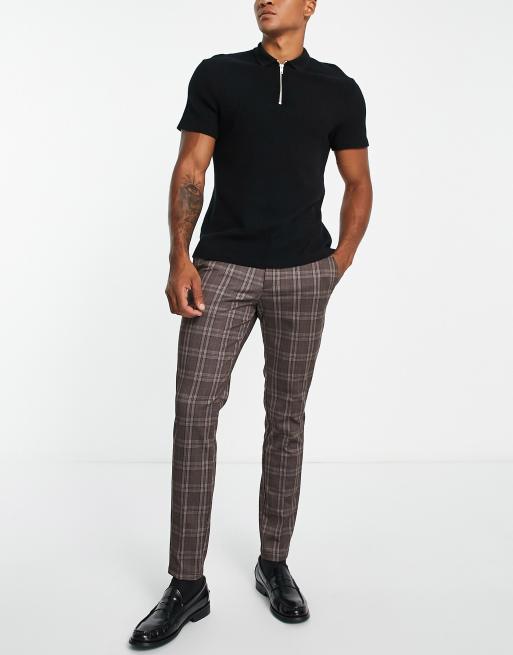 Jack & Jones Intelligence slim fit smart jersey pants in brown check 