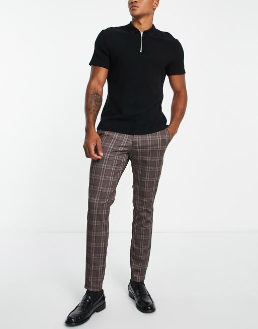  Jack & Jones Intelligence slim fit smart jersey trousers in brown check 