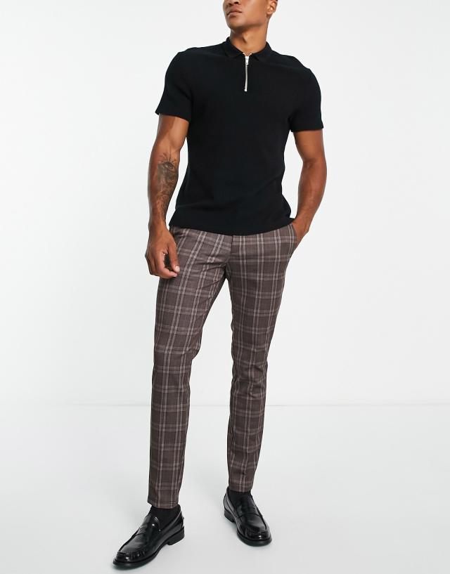 Jack & Jones - intelligence slim fit smart jersey trousers in brown check