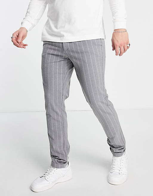 Jack & Jones intelligence slim trousers in light grey pinstripe