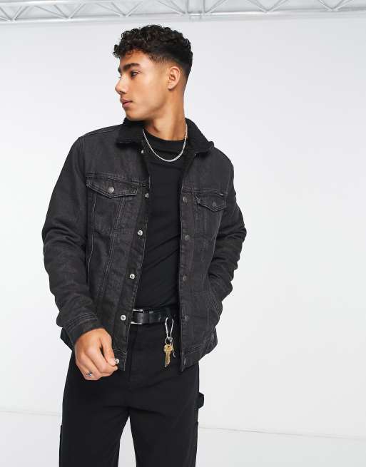 Jack & Jones Intelligence - Sort denimjakke med krave i imiteret lammeskind