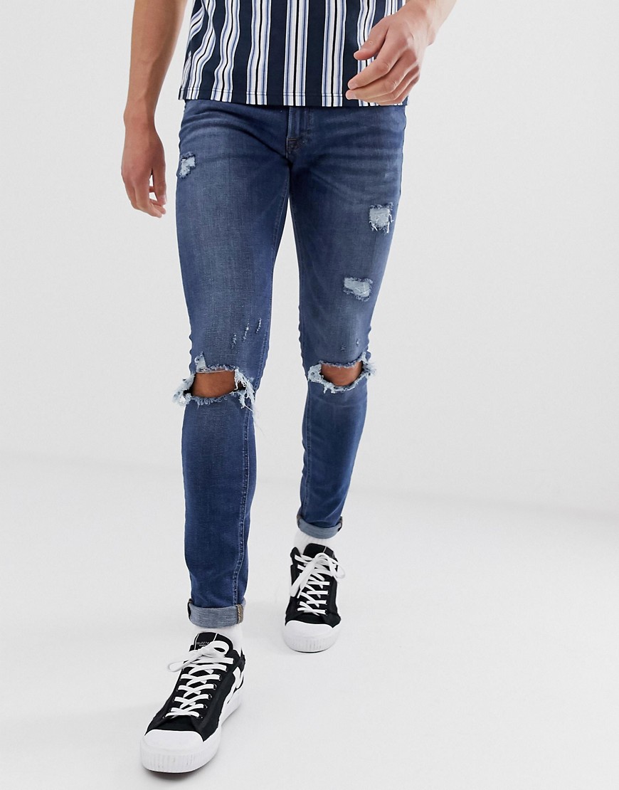 Jack & Jones Intelligence - Spray on skinny jeans met scheuren in middenblauw-Zwart