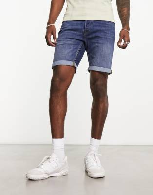 Jack & Jones Intelligence stretch slim fit denim short in mid wash blue  - ASOS Price Checker