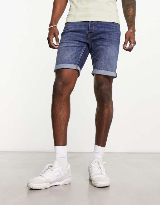 Jack & Jones Intelligence stretch slim fit denim shorts in mid wash ...