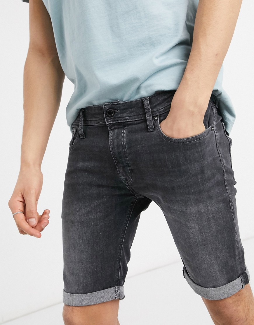 Jack & Jones Intelligence – Svarta jeansshorts med extra smal passform och slitna detaljer