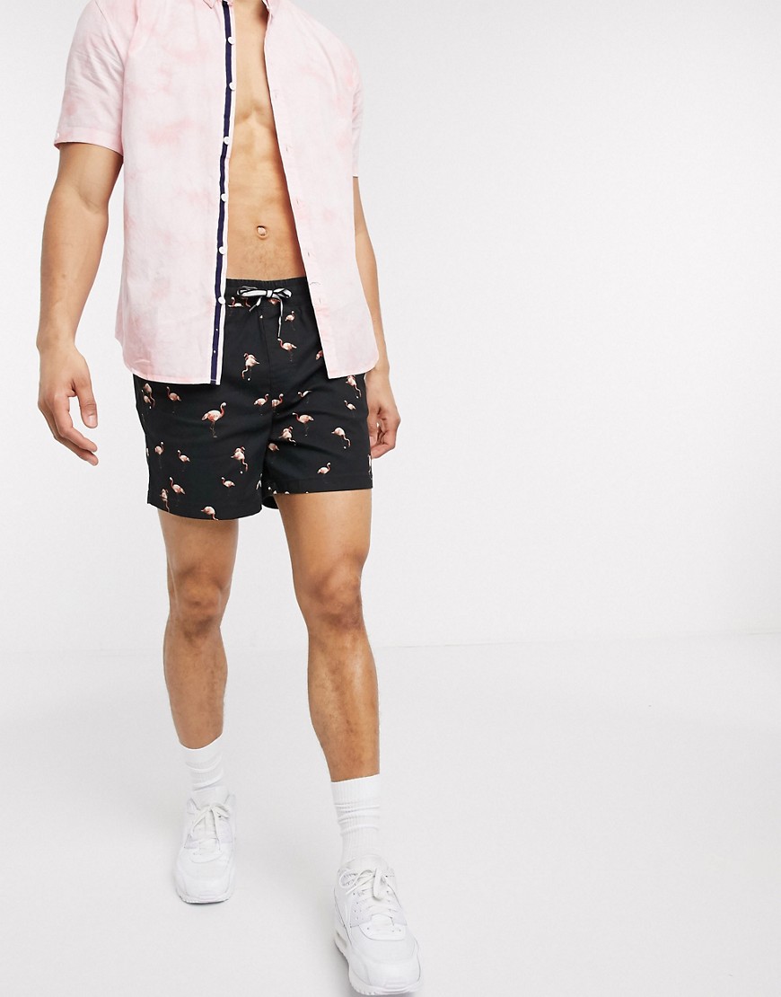Jack & Jones Intelligence – Svarta shorts med flamingomönster-Marinblå