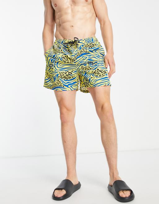 Jack & Jones Intelligence swim short in animal print in yellow
