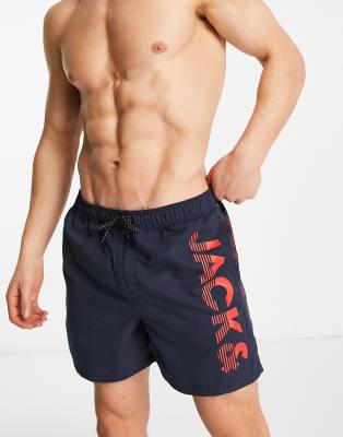 Jack & Jones Intelligence swim short with contrast branding in navy - ASOS Price Checker
