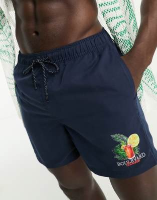 Jack & Jones Intelligence swim shorts with front print in navy