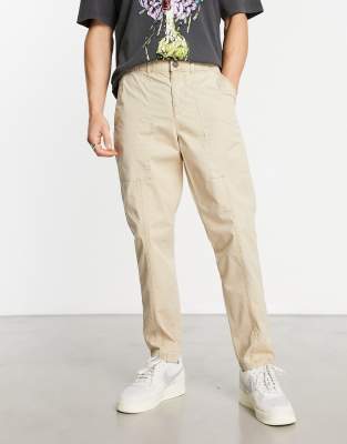 Jack & Jones Jack & Jones Intelligence tapered carrot fit worker trouser in beige-Neutral