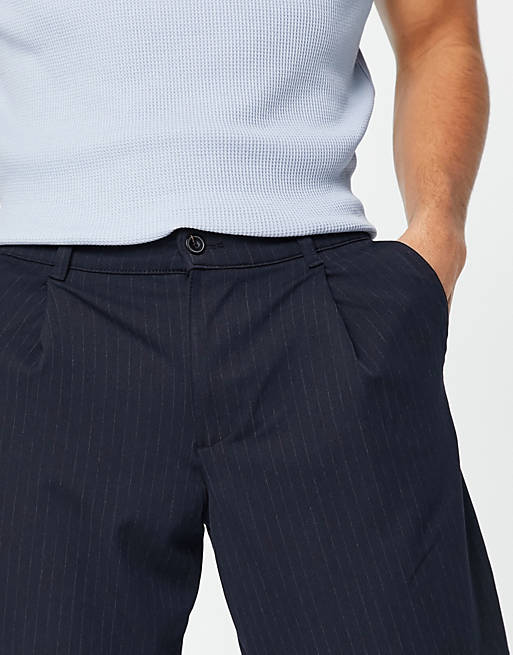 Men Jack & Jones intelligence wide crop trousers in navy pinstripe 