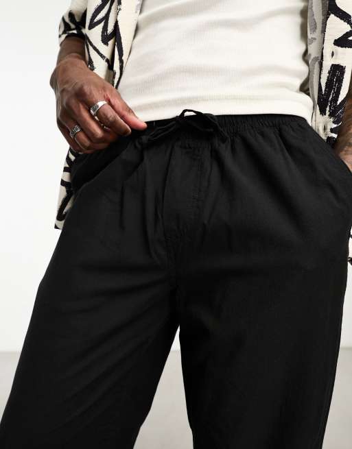 Jack & Jones Intelligence wide fit drawstring linen mix pants in black 