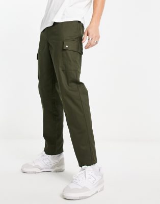 JACK & JONES INTELLIGENCE WIDE LEG TAPERED DRAWSTRING CARGO PANTS IN KHAKI-GREEN