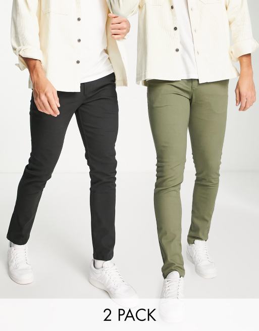 Jack & Jones Intelligence – Zestaw 2 par zwężanych chinosów o dopasowanym kroju w kolorach zgaszonej oliwki i czarnym