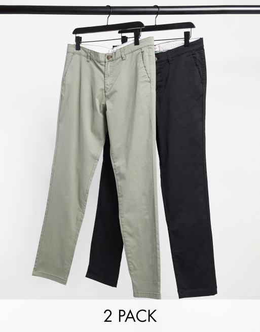 Jack & Jones Intelligence – Zestaw 2 par zwężanych chinosów o dopasowanym kroju w kolorach zgaszonej oliwki i czarnym