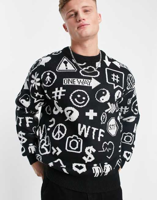 Jack & Jones jacquard knit sweater in monochrome icon pattern