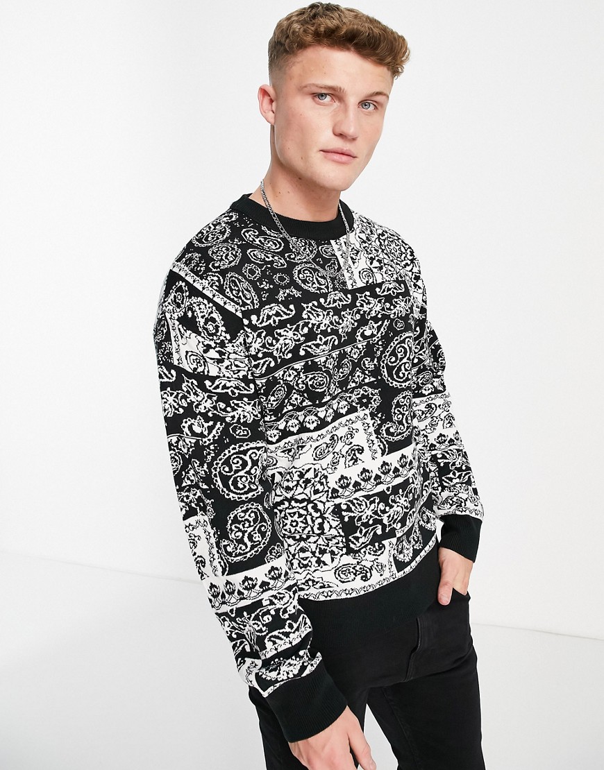 Jack & Jones jacquard knit sweater in monochrome paisley pattern-Black