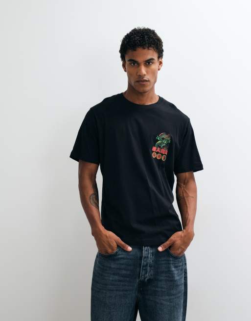 Jack & Jones Japanese green dragon back print t-shirt in black, 2 of 5