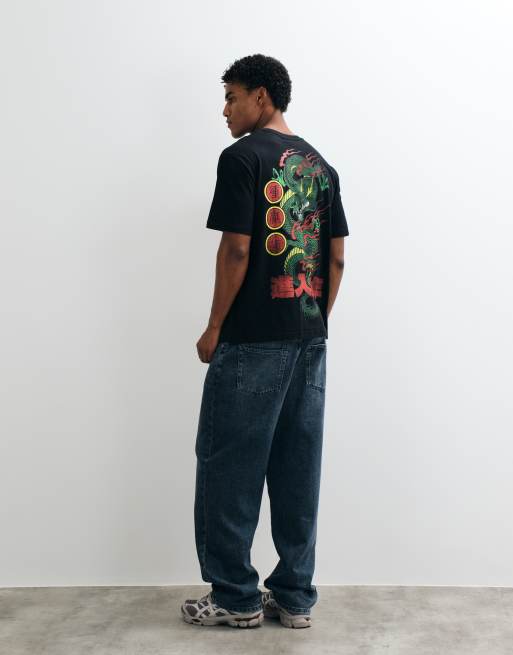 Jack & Jones Japanese green dragon back print t-shirt in black, 3 of 5