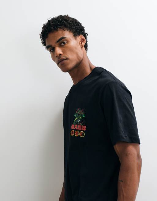 Jack & Jones Japanese green dragon back print t-shirt in black, 4 of 5