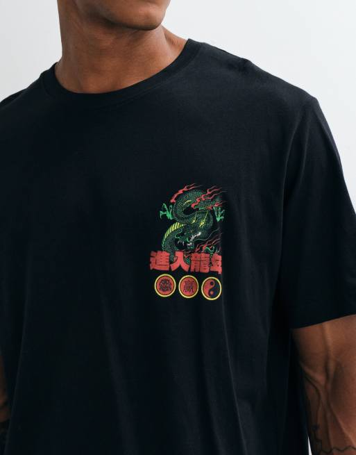 Jack & Jones Japanese green dragon back print t-shirt in black, 5 of 5