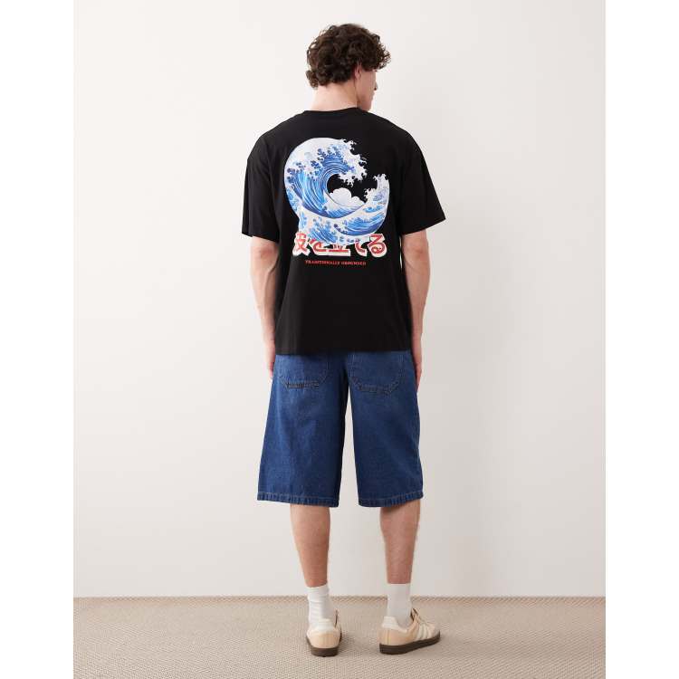 Jack & Jones Japanese wave back print t-shirt in charcoal gray | ASOS